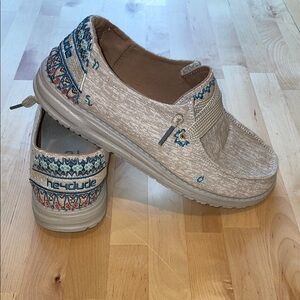 Hey Dude Women's Embroidered Slip-On Flats - Beige and Blue (sz 8)